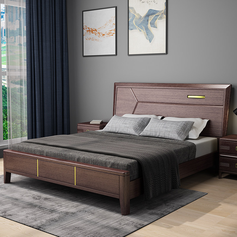 Walnut solid wood bed master bedroom double 1 8m queen bed modern minimalist new Chinese style high box storage wedding bed 1 5