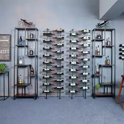 Red wine rack floor wine bottle storage rack industrial wind wall hanging wine bottle storage layer rack against the wall solid wood wine cabinet decoration