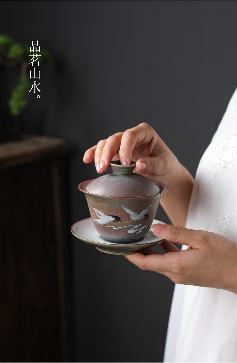 Archaize renewal only three tureen large bowl with a Japanese tea taking hand - made cranes coarse pottery tea cups kung fu tea set