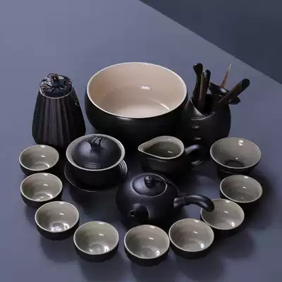 Jusheng black pottery Kung Fu tea set Coarse pottery Japanese home office tea set Black Zen style cover bowl Teapot Teacup sea