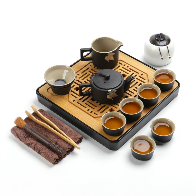 Poly real (sheng Japanese black pottery portable package travel tea set kung fu tea set household contracted crack cup teapot teacup