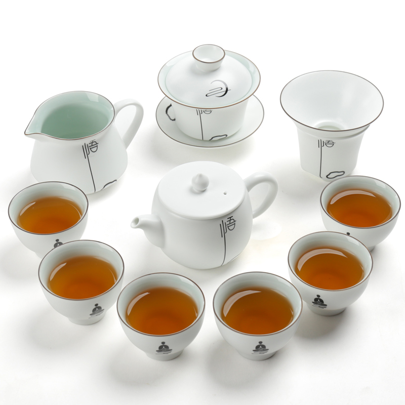 Ceramic kung fu tea set home fat white porcelain up with inferior smooth creative teapots GaiWanCha sea cups)