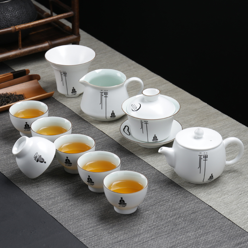 Ceramic kung fu tea set home fat white porcelain up with inferior smooth creative teapots GaiWanCha sea cups)