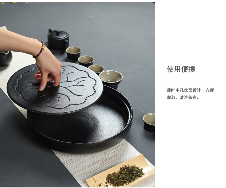 Poly real (black ceramic tea sets, super large zen circular embedded dry Taiwan tea tea sea ceramics kung fu tea tray