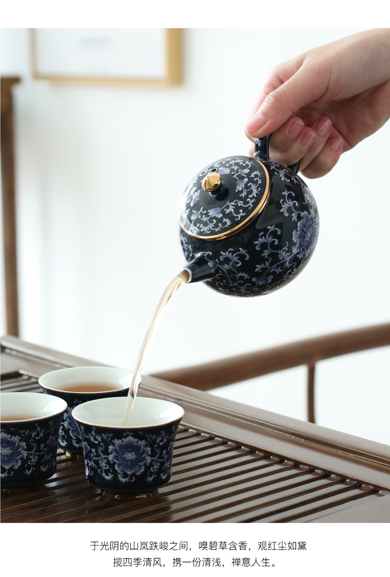 Jingdezhen blue and white porcelain Japanese side ceramic large household paint kung fu tea set the pot of single pot blue glaze ji blue flowers