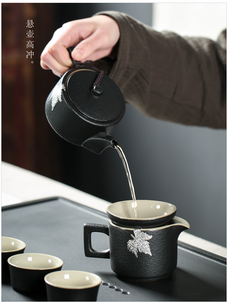 Poly real (sheng ceramic tea set suit household kung fu tea set suit sharply stone solid wood tea tray was I and contracted office