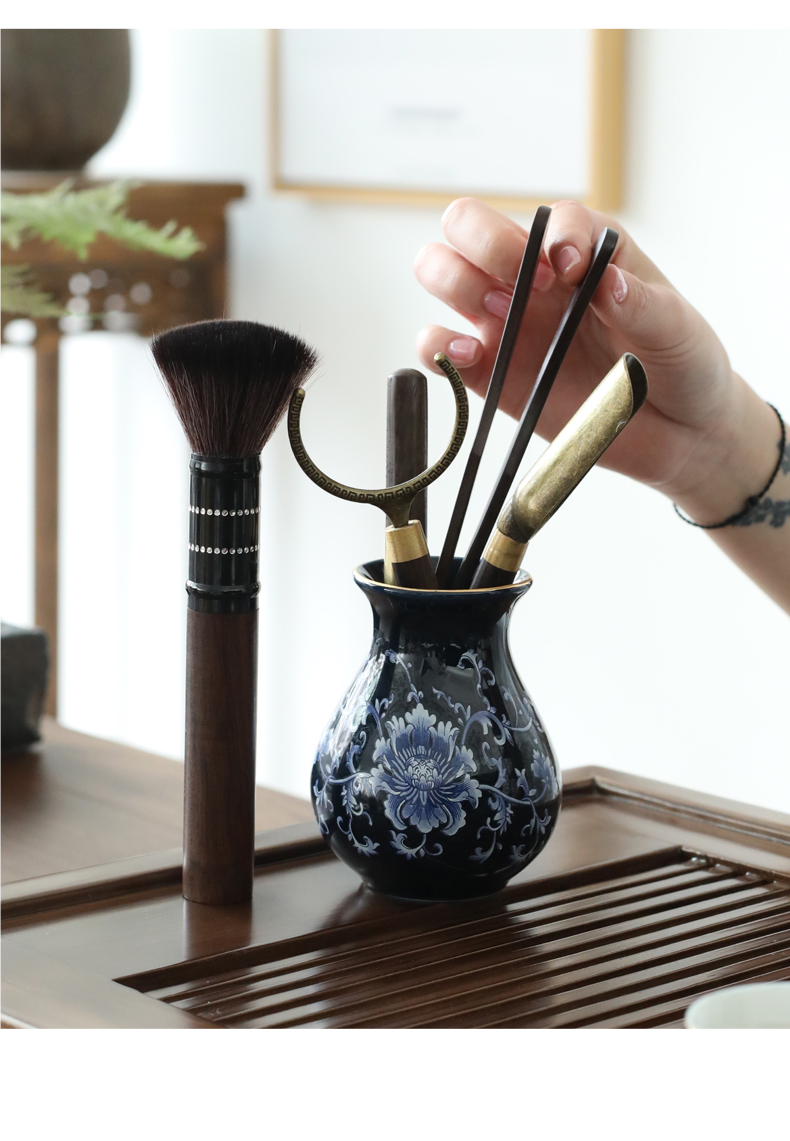 Blue and white porcelain ebony wood tea six gentleman 's suit kung fu tea accessories zero matchs tea ChaGa wipes brush