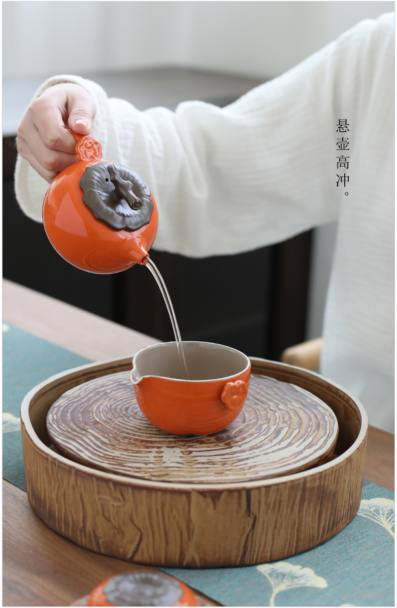 Poly real (sheng persimmon persimmon tea set suit household ceramics by hand is the best holiday gift box of the teapot teacup set of kung fu