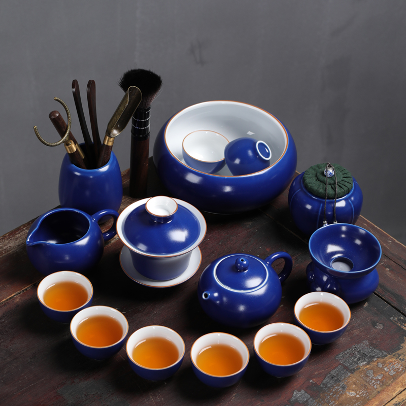 Ceramic kung fu tea set suit household Chinese wind Chinese tea cups lid bowl sitting room tea, tea tray
