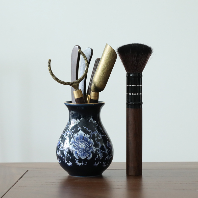 Blue and white porcelain ebony wood tea six gentleman 's suit kung fu tea accessories zero matchs tea ChaGa wipes brush