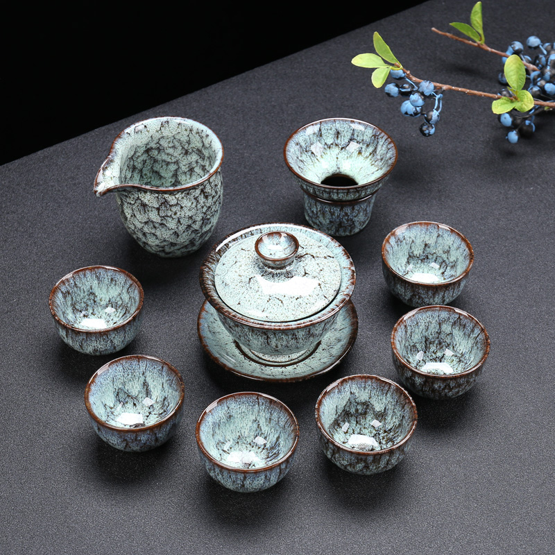 Variable kung fu tea set suit household temmoku TuHao glaze to build the lamps of a whole set of ceramic tea cup lid bowl masterpieces