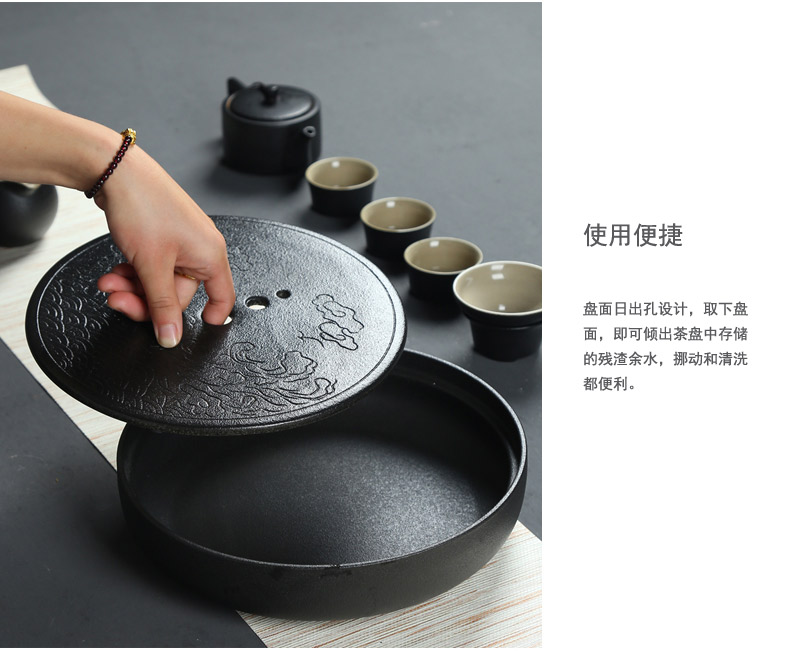 Poly real (black ceramic tea sets, super large zen circular embedded dry Taiwan tea tea sea ceramics kung fu tea tray