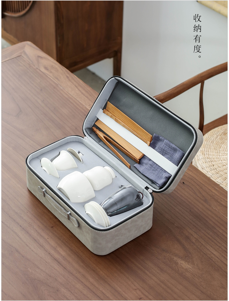 The Set of travel group of dehua white porcelain ceramic tea Set, tea art would suit portable package kung fu tea tureen contracted