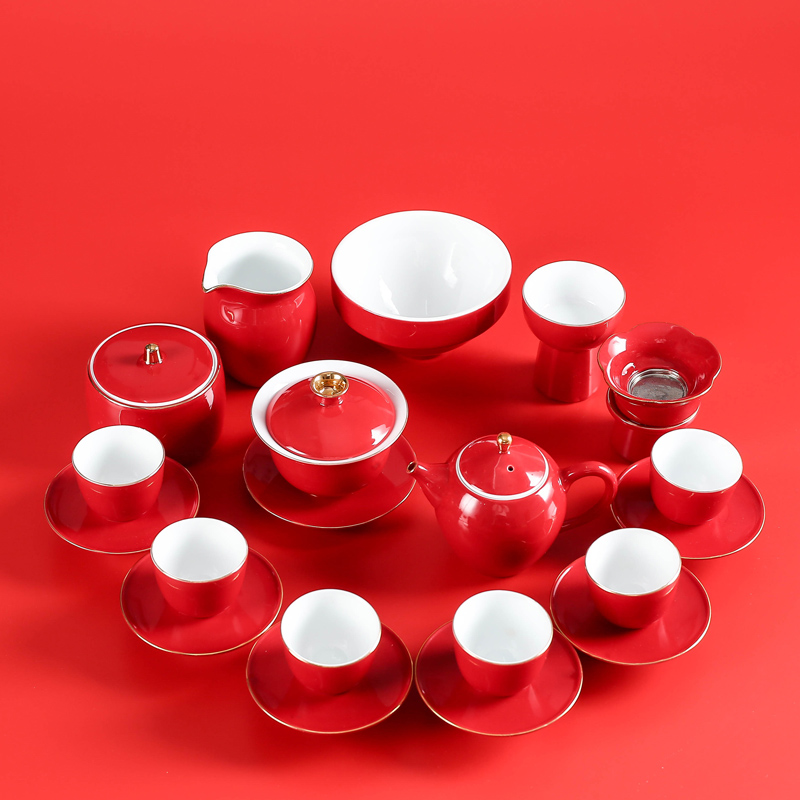 Bright red glaze is festival modern marriage kung fu tea sets the teapot teacup ceramic business gift box in the new home