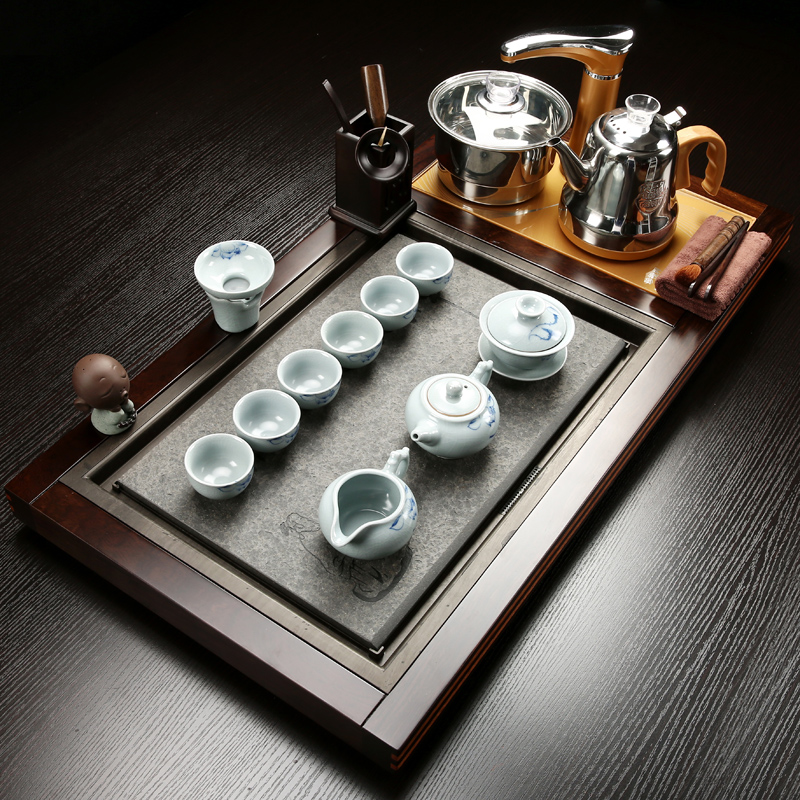 Poly real (sheng sharply stone tea tray ebony four unity of violet arenaceous kunfu tea tea set of household solid wood, induction cooker