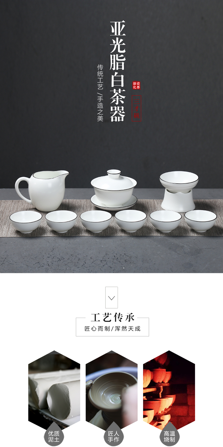 Poly real (sheng white porcelain tea set a complete set of ceramic kung fu tea set up with inferior smooth fat white cup lid bowl of household