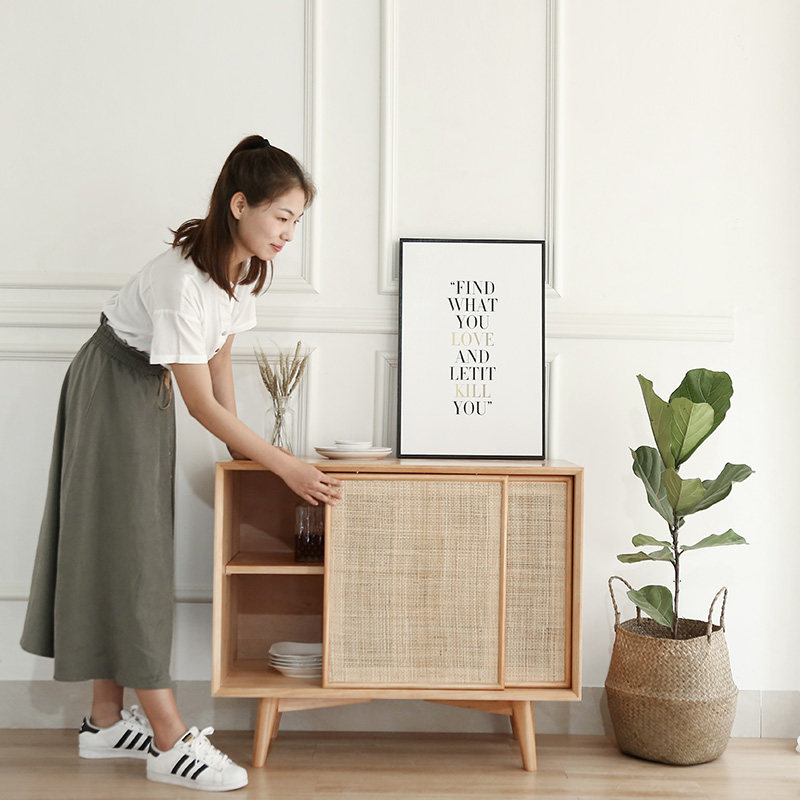 Nordic solid wood sideboard Japanese minimalist creative rattan porch cabinet small apartment simple storage cabinet tea cabinet