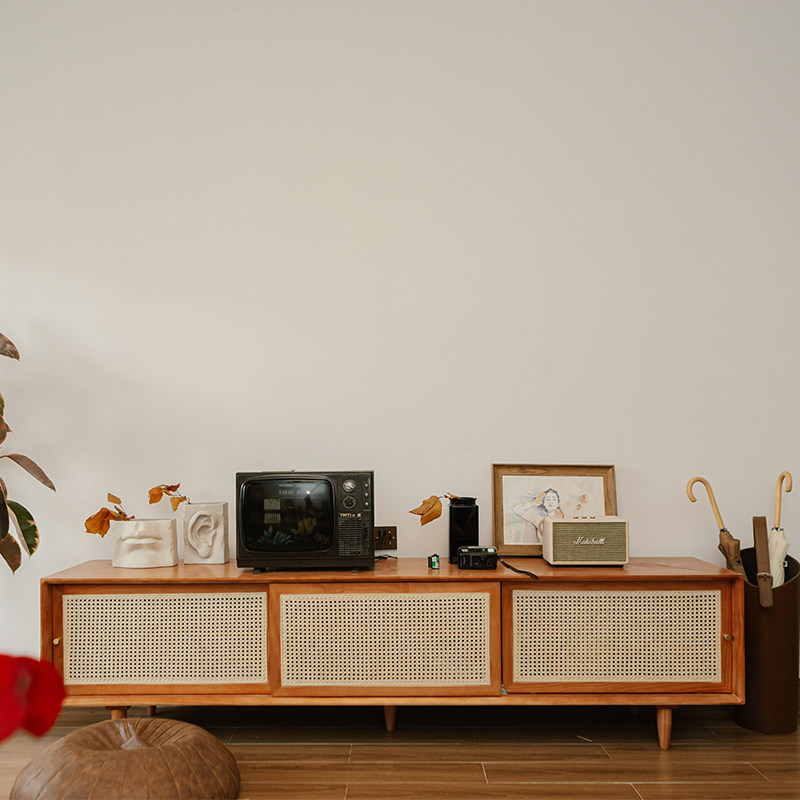 Nordic solid wood TV cabinet rattan modern minimalist Japanese minimalist living room storage cabinet small apartment floor-to-ceiling storage cabinet