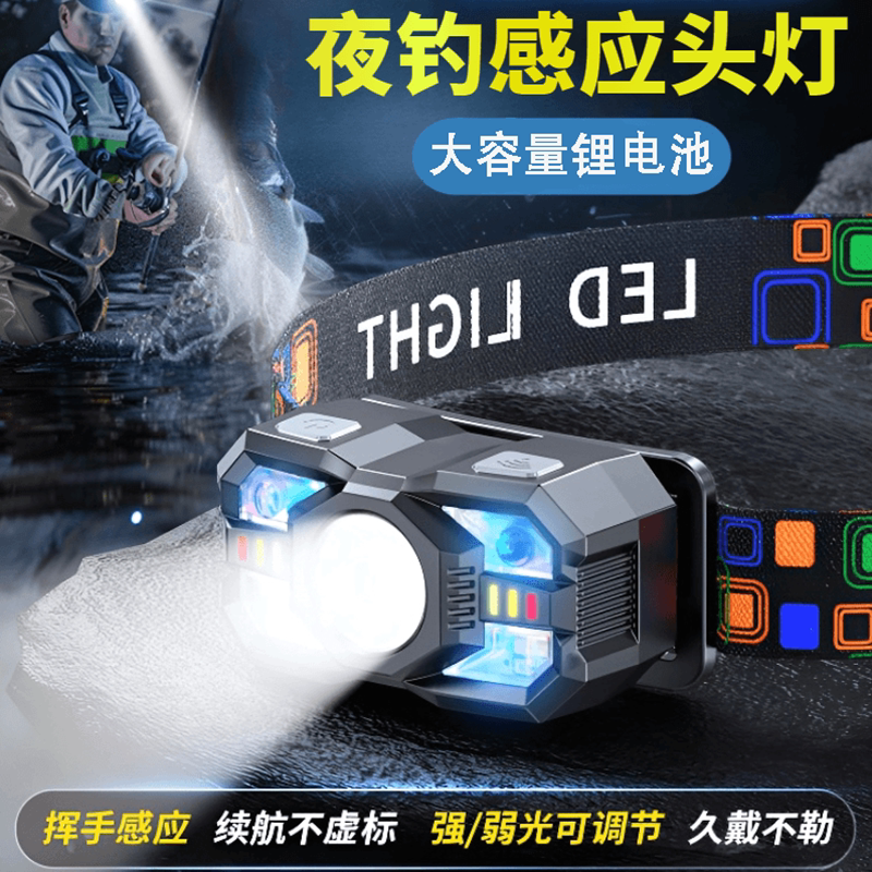 红白双光驱蚊强光头灯感应超亮可充电头戴式钓鱼夜钓超强续航电筒