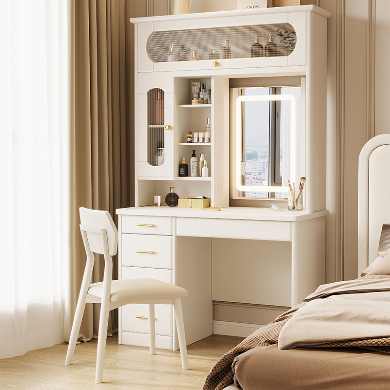 Solid Wood Dressing Table Bedroom Modern Minimalist Hidden Mirror Storage Cabinet Dressing Table Small Desk Integrated Bookshelf Dressing Table