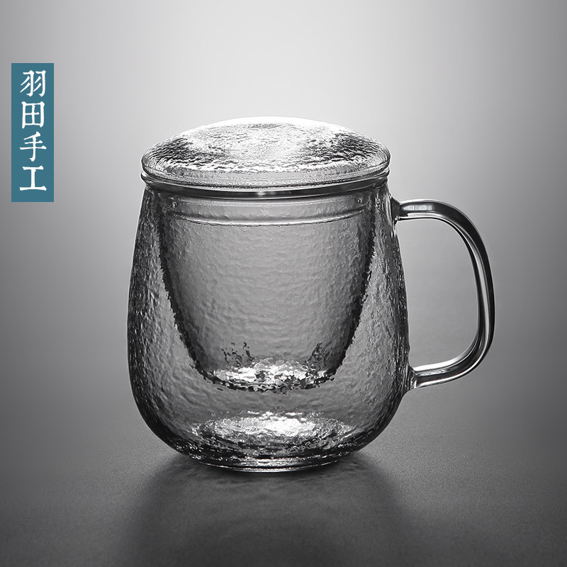 Haneda hammered glass tea cup Three-piece cup Tea water separation Home office Tea drinking cup with lid filtration
