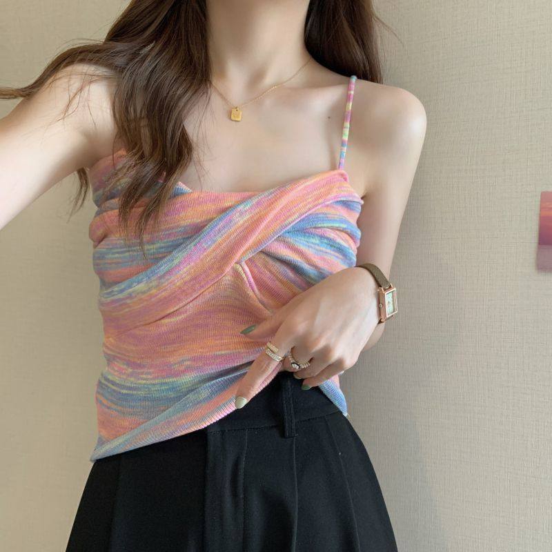 Sexy and hot girl pink striped knitted halter top. Women wear a beautiful back bm on the outside and a sleeveless top as a base layer on the inside
