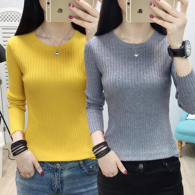 Round Neck/Half Turtleneck Sweater for Women 2025 Korean Style Pullover Solid Color Long Sleeve Slim Fit Base Shirt Knitted Top