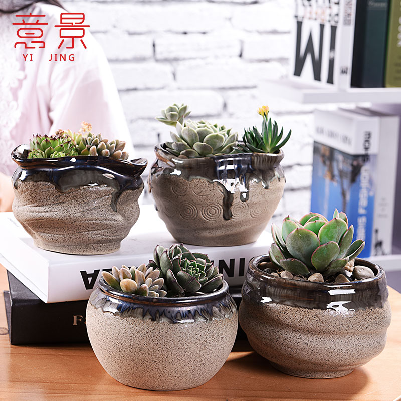 Italy View Ceramics Multi-Meat Flowerpots Coarse Pottery Green Plant Ceramics Minimalist Personality Creative Medium Flower Pot Florware Wholesale