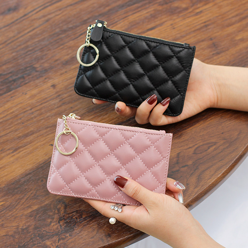 2022 new small fragrant wind rhombus Genuine Leather Laced Zero Wallet Soft Leather Mini Coin Bag Goat Leather Short Clip Woman