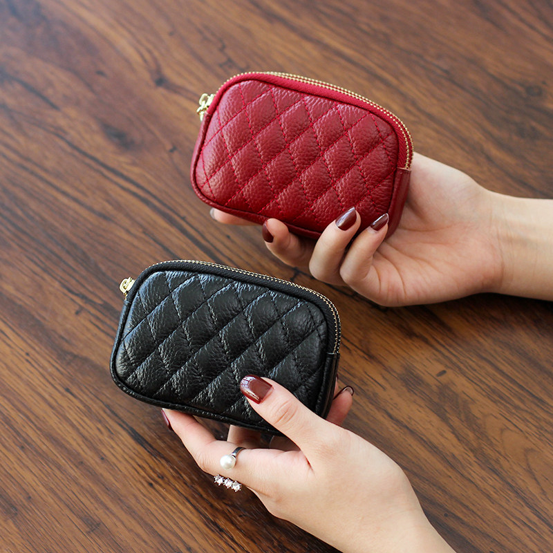 New European and American high-end genuine leather wallet women's small incense style rhombic cowhide mini double zipper coin purse coin purse for women