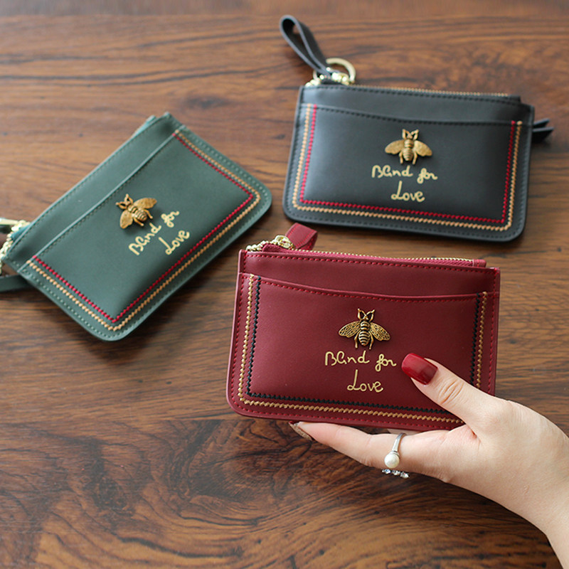 2022 New Embroidery Thread Soft Bull Leather Bracelet Small Bee Zero Wallet Lady Genuine Leather Short Clip Ultrathin Coin Bag