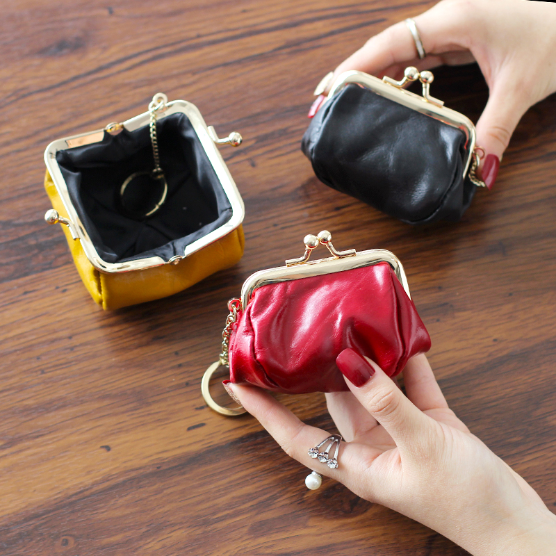 Japan-ROK New Oil Wax Leather Zero Wallet Cow Leather Buckle Retro Clips Coin Bag Mini Cute Headphone Bag Key