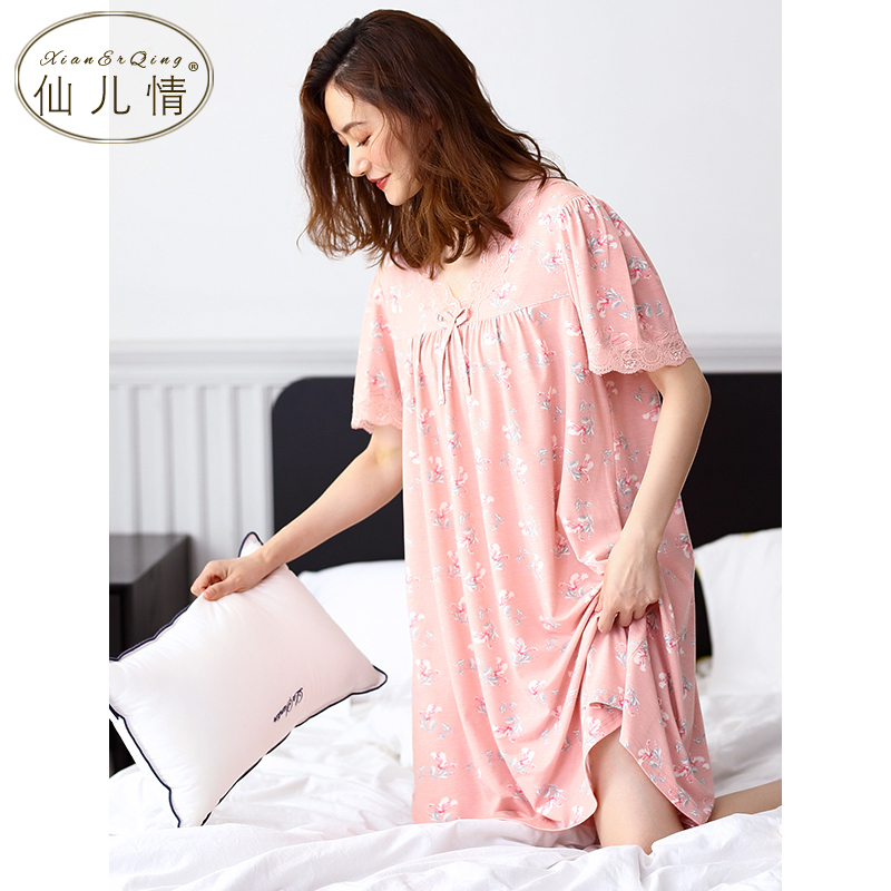 Pajama phụ nữ mùa hè ngắn tay Mordale bông lụa đồ ngủ mùa hè mỏng loose-fitting cỡ lớn nhà váy.