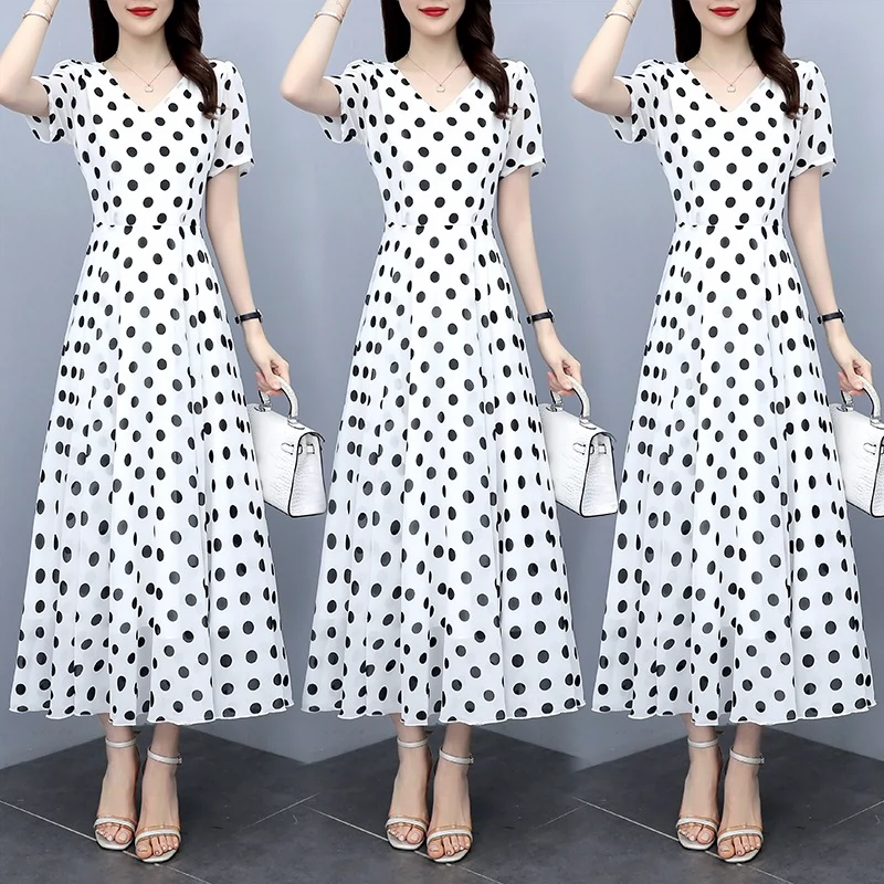 High-End Goddess-Style Chiffon Polka-Dot Dress, New Summer Style, High-End Designer Women's Clothing, Waist-Cinching, Knee-Length Dress High-End Goddess-Style Chiffon Polka-Dot Dress, New Summer Style, High-End Designer Women's Clothing, Waist-Cinching, Knee-Length Dress