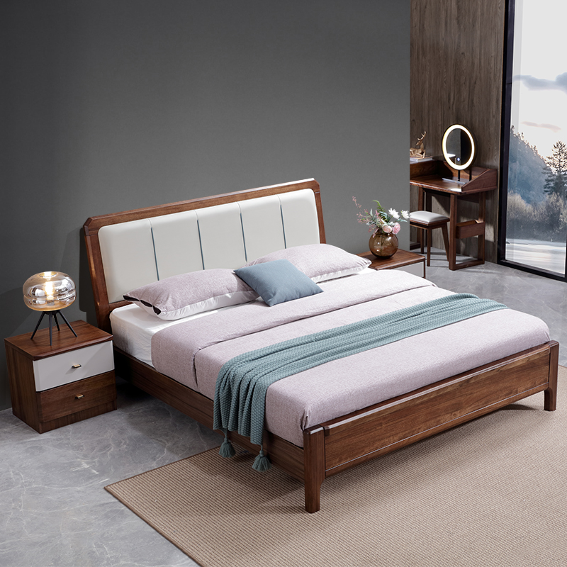Solid wood bed walnut Nordic modern minimalist soft lean Chinese high-end master bedroom light luxury atmosphere double 1 8m bed
