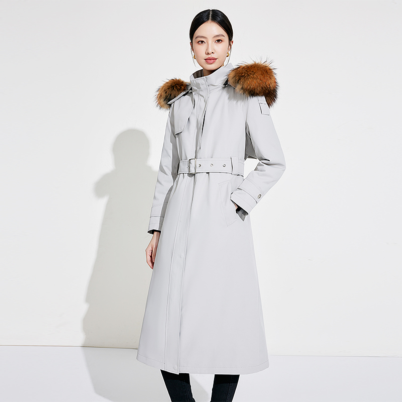 Windbreaker Parka down Jacket for Women, Over-The-Knee Long Style, Thickened for Winter Warmth, with Removable Liner, 90% White Goose Down, Large Fur Collar