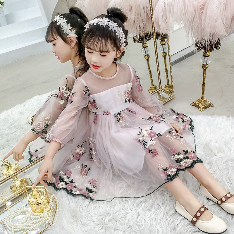 Girls Dress Spring and Autumn 2022 new Han - Edition embroidery mesh dress for children's gas dress