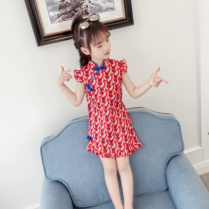 Children's dress and dress Han Edition Baiyu girl in the national wind of the big child retro dress children sleeveless flag robe