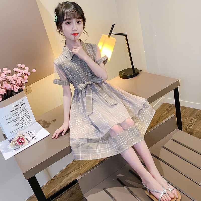 Girl Ocean Dress Summer Children Plaid Dress Foreign Pie Little Girl Summer Dress CUHK Child Long Skirt Mesh Red Snowspun Dresses