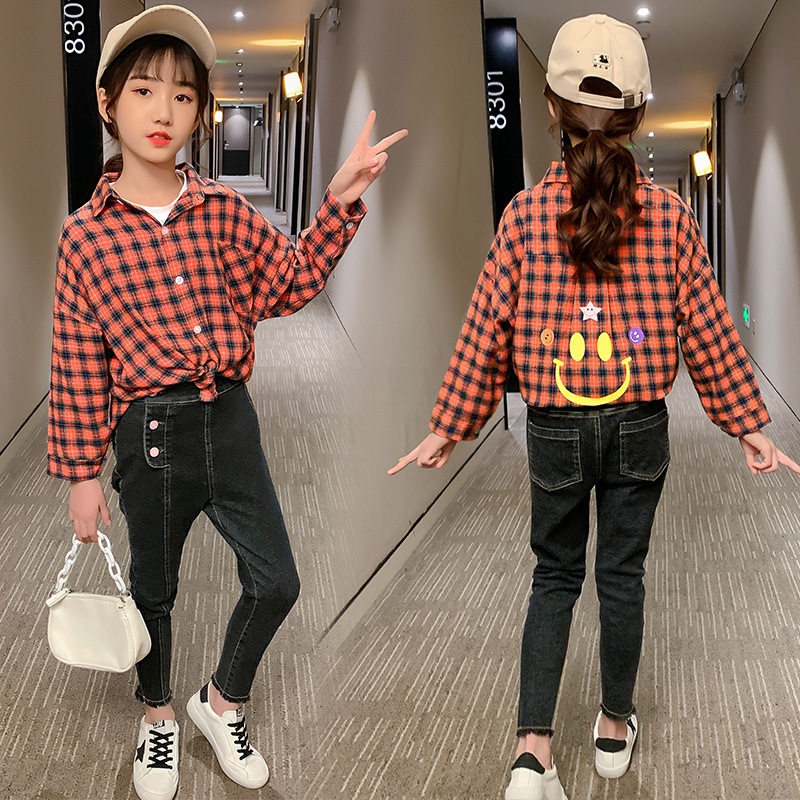 Children's dress new girl's foreign casual shirt 2021 CUHK Scout red smiley face printed plaid long sleeve jacket
