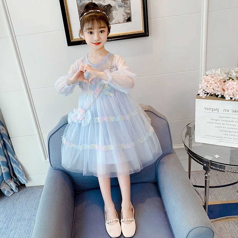South Korean girl's dress 2022 new big child spring autumn ocean yarn dress Children spring princess dress trendy dress-Taobao