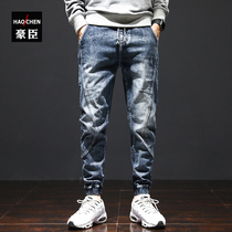 Summer thin tooling jeans mens casual drawstring slim-fit small-legged pants elastic stitching drawstring pants tide brand