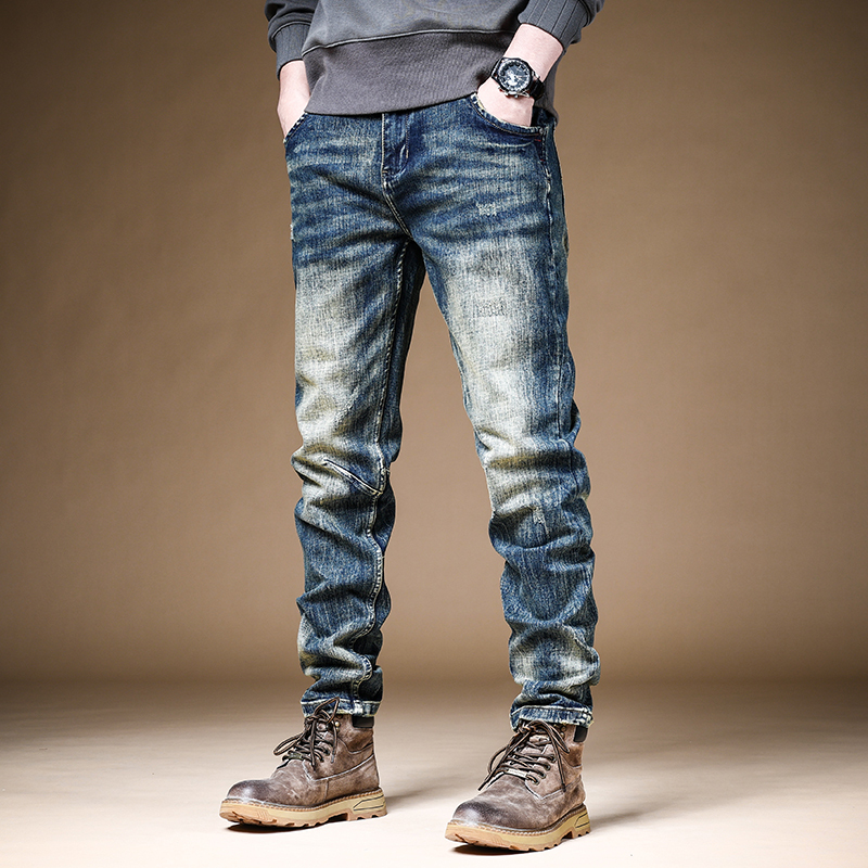 Autumn and Winter Washed Denim Trousers for Men, Stretchy, Straight-Leg, Slim-Fit, American Retro Casual, National Trend, All-Season Style for Men