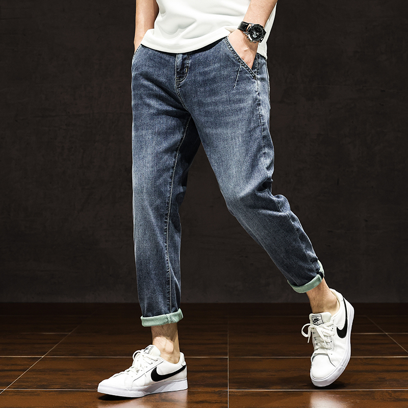 Thin Cropped Denim Pants for Men, Slightly Harem Style, 9/10 Length, Stretchy Casual Pants, High-End Trendy Summer New Style
