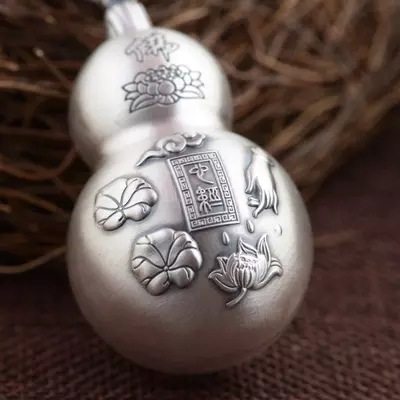 s999 Heart Sutra Pure Silver Gourd Pendant Sterling Silver Women's Retro Long Sweater Chain Ethnic Style Thai Silver Necklace Pendant