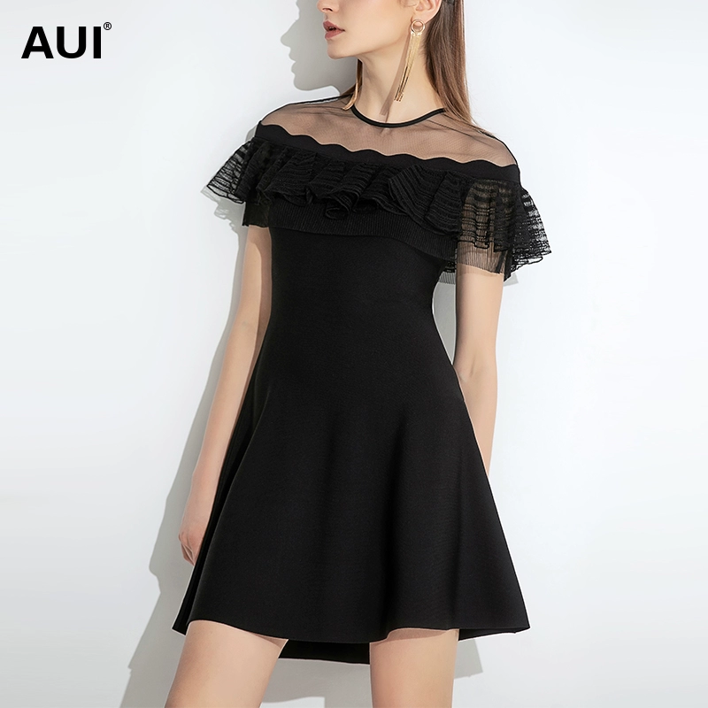 AUI nhỏ màu đen cánh sen tay áo váy nữ mùa hè năm 2021 váy mới của phụ nữ là váy mỏng tính khí phong cách Hepburn - váy đầm