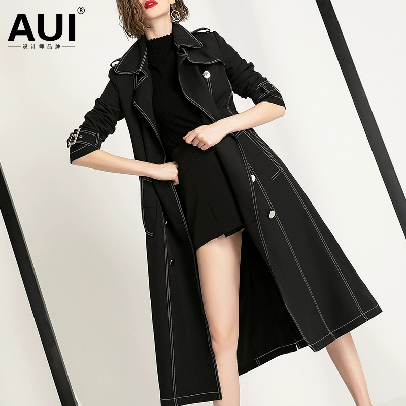 Châu Âu ga đen khí chất áo khoác gió nữ dáng dài mùa thu đông 2021 phong cách mới Âu Mỹ phong cách nữ hàng Âu mỹ xu hướng áo khoác - Trench Coat