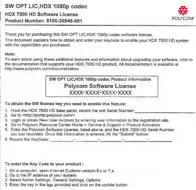polycom HDX Multi-point license) Four 4-point MCU software license) HDX7000 8000 9000