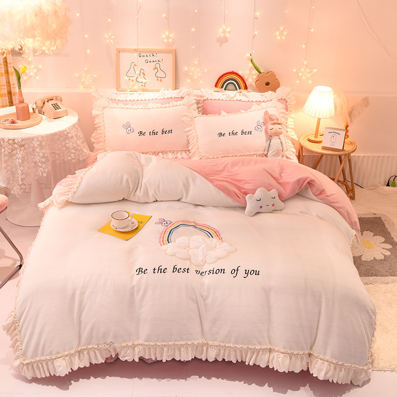 Winter pure white milk velvet four-piece set plus fleece thermal bed skirt crystal flannel quilt cover bed princess style