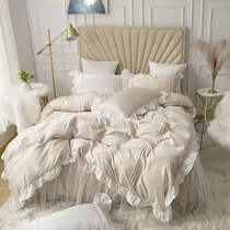 ins minimalist bed with four pieces of bed skirt 1 8m full cotton pure cotton pure color princess wind bed lotus leaf lace